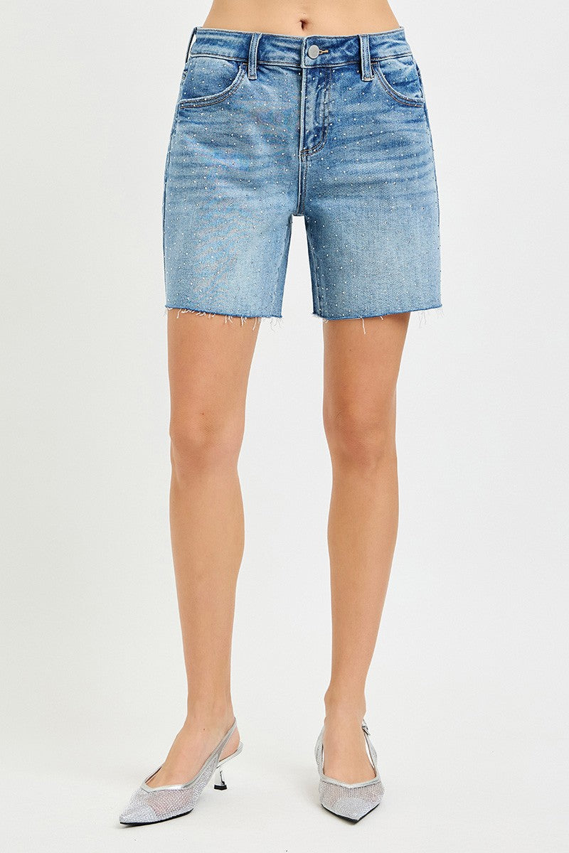 RISEN Slouchy Mid Length All Over Rhinestones Shorts