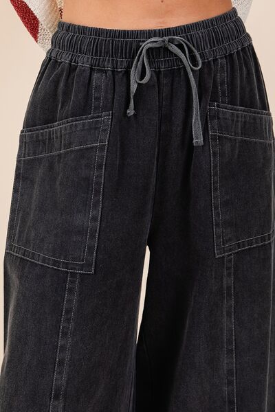 Mittoshop Mineral Wash Wide Leg Elastic Waist Twill Pants