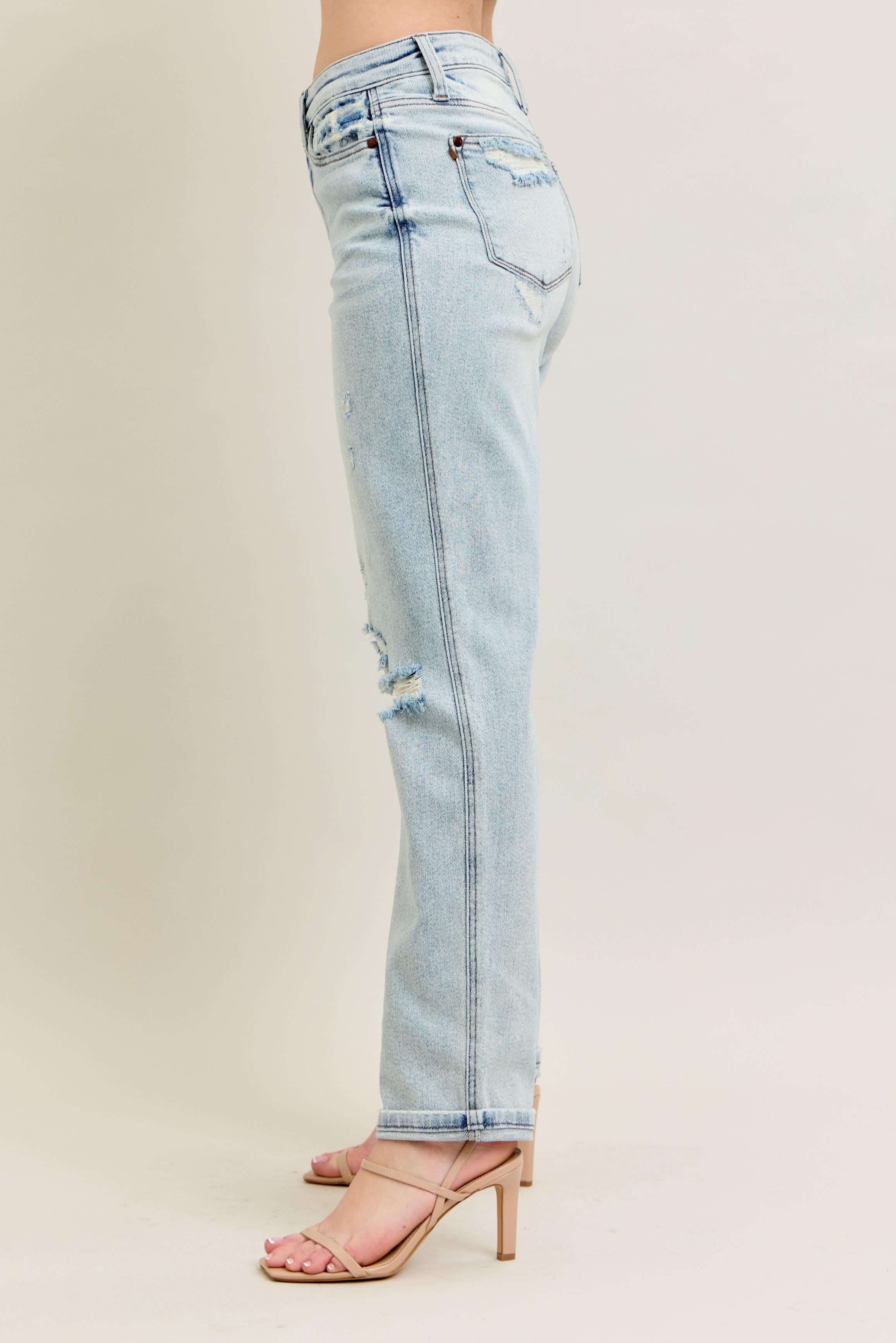 Judy Blue Full Size Mr Repair Stitch Detail Destroy Single Cuff Bf Jeans Plus Size