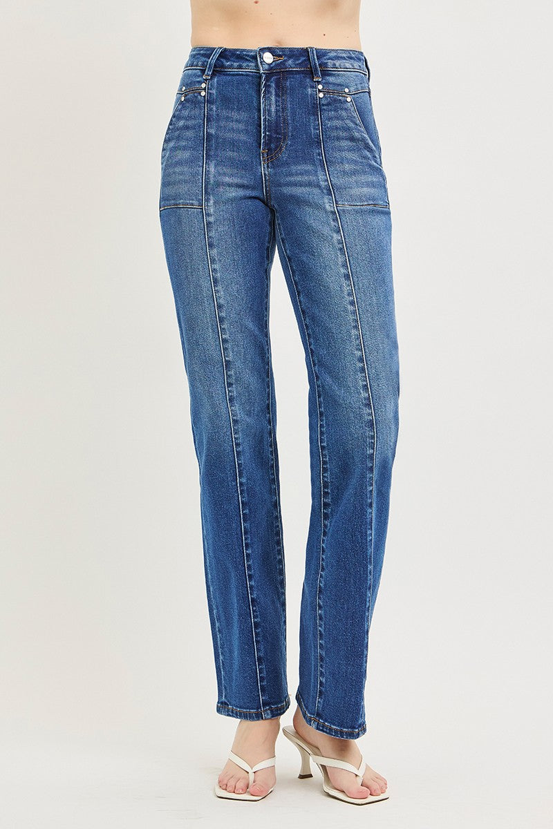 RISEN High Rise Straight Patch Pocket Seamed Jeans