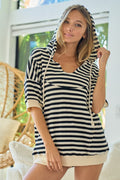 BiBi Stripe Fleece Notch Neck Short Sleeve Hoodie