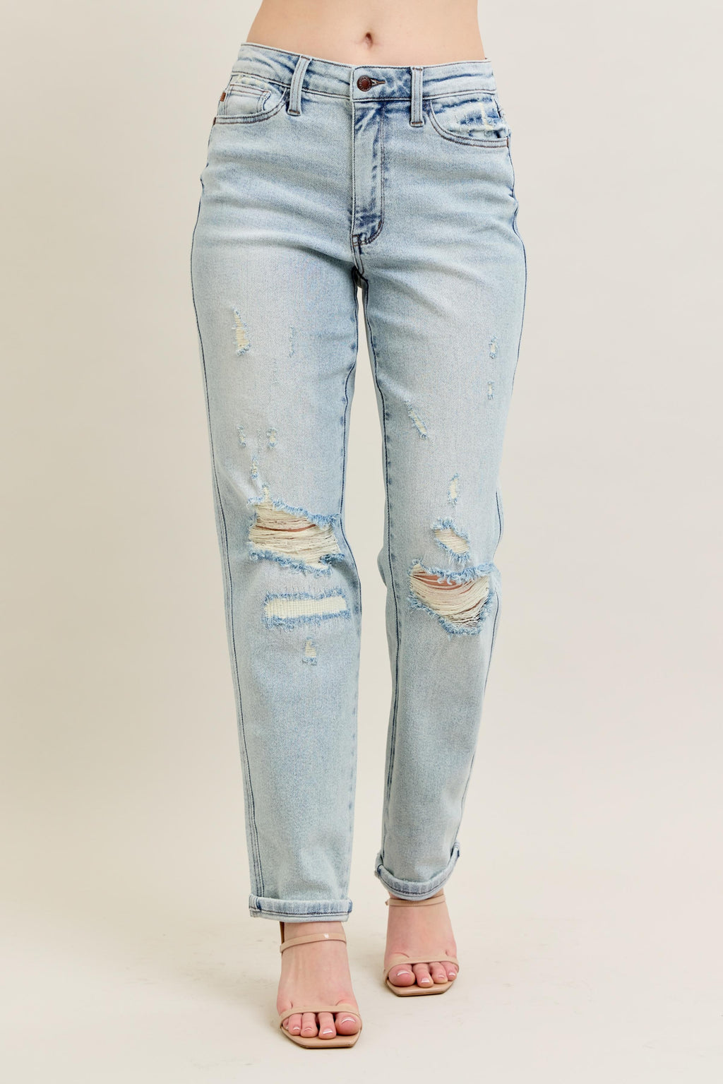 Judy Blue Full Size Mr Repair Stitch Detail Destroy Single Cuff Bf Jeans Plus Size