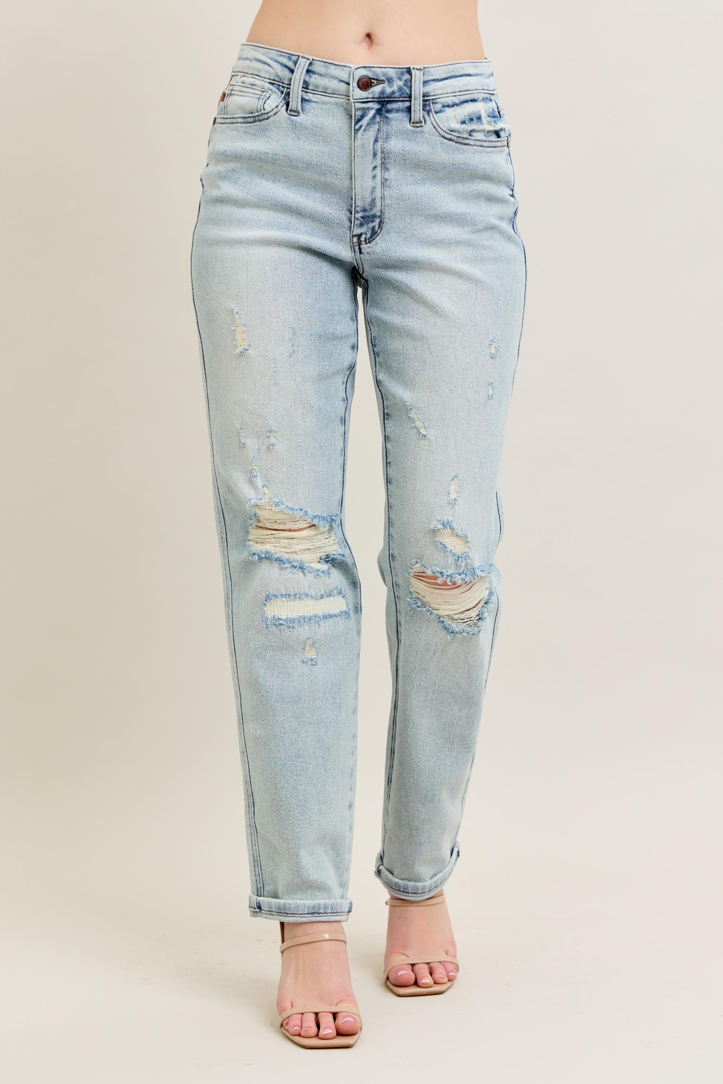 Judy Blue Full Size Mr Repair Stitch Detail Destroy Single Cuff Bf Jeans Plus Size