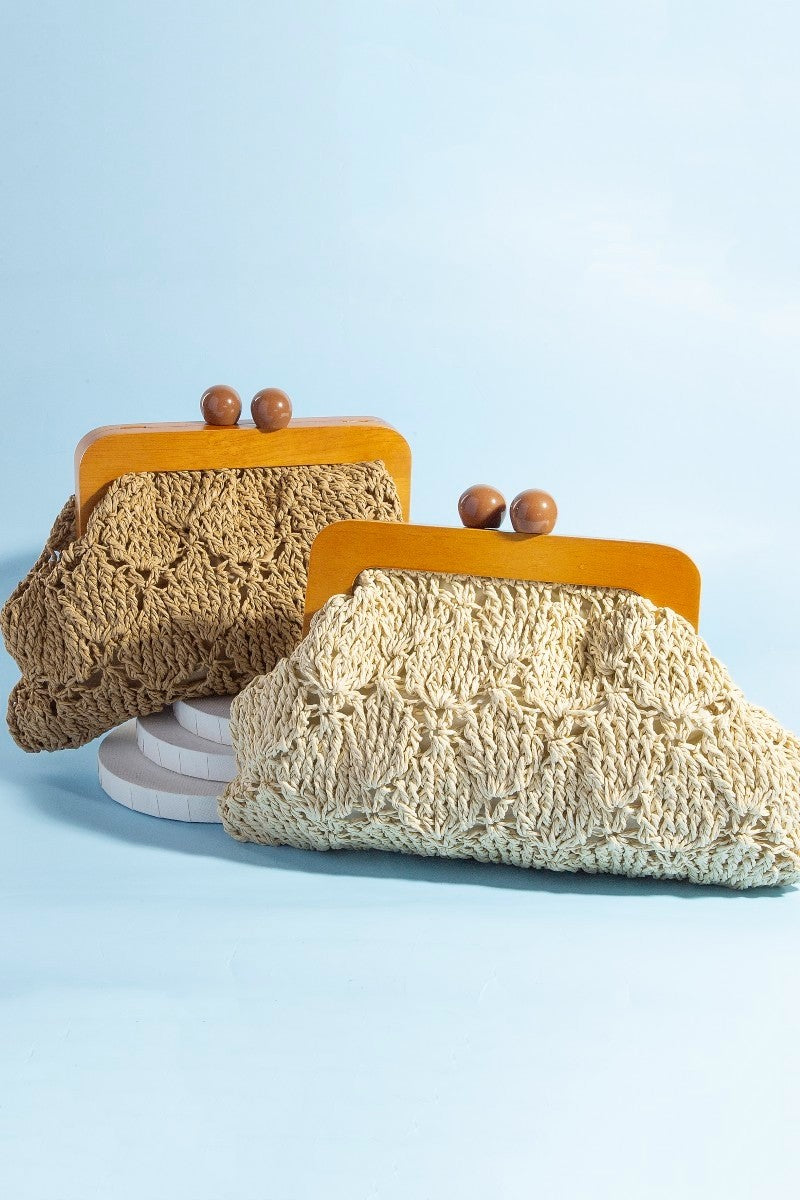 Fame Straw Braided Wooden Frame Clutch Bag