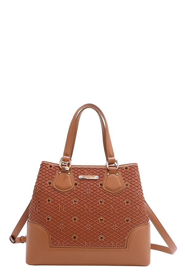 Nicole Lee USA Monogram Pattern Handbag with Rhinestones Decor