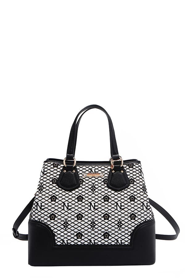 Nicole Lee USA Monogram Pattern Handbag with Rhinestones Decor