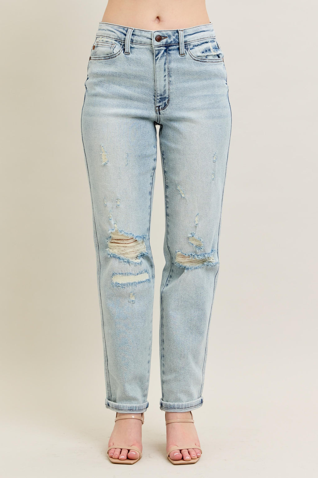 Judy Blue Full Size Mr Repair Stitch Detail Destroy Single Cuff Bf Jeans Plus Size