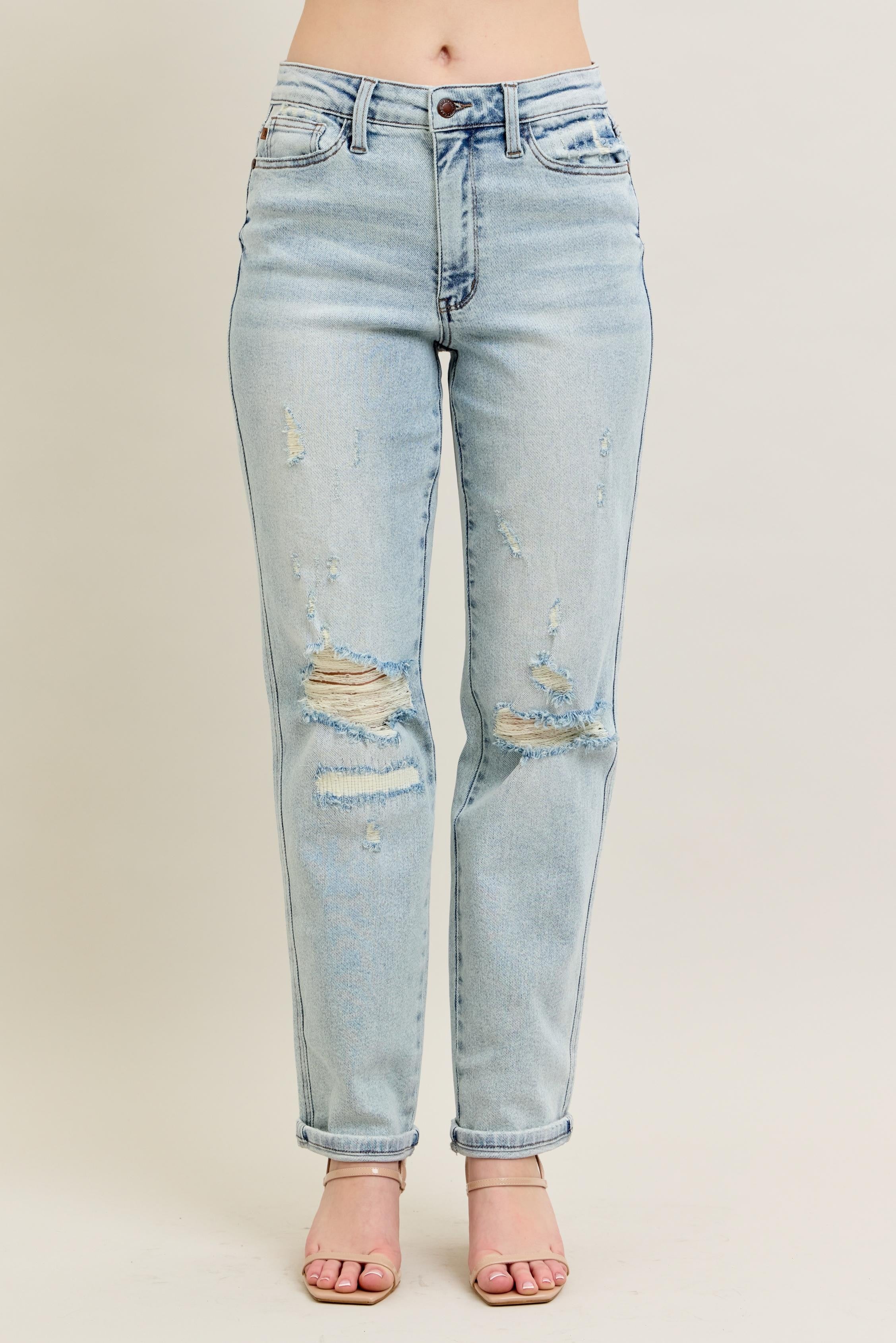 Judy Blue Full Size Mr Repair Stitch Detail Destroy Single Cuff Bf Jeans Plus Size