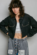 POL Cropped Button-Front Eyelet Cotton Jacket