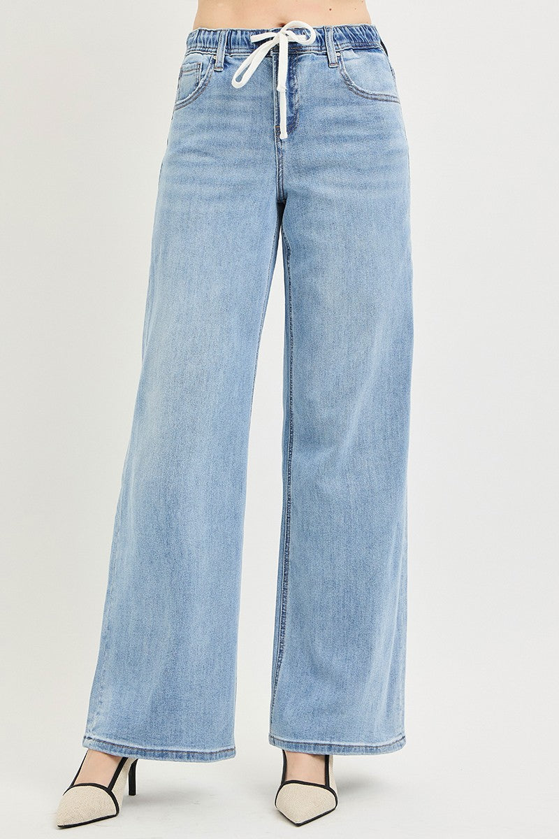 RISEN Elastic Band Slouchy Wide Jeans with Drawstring