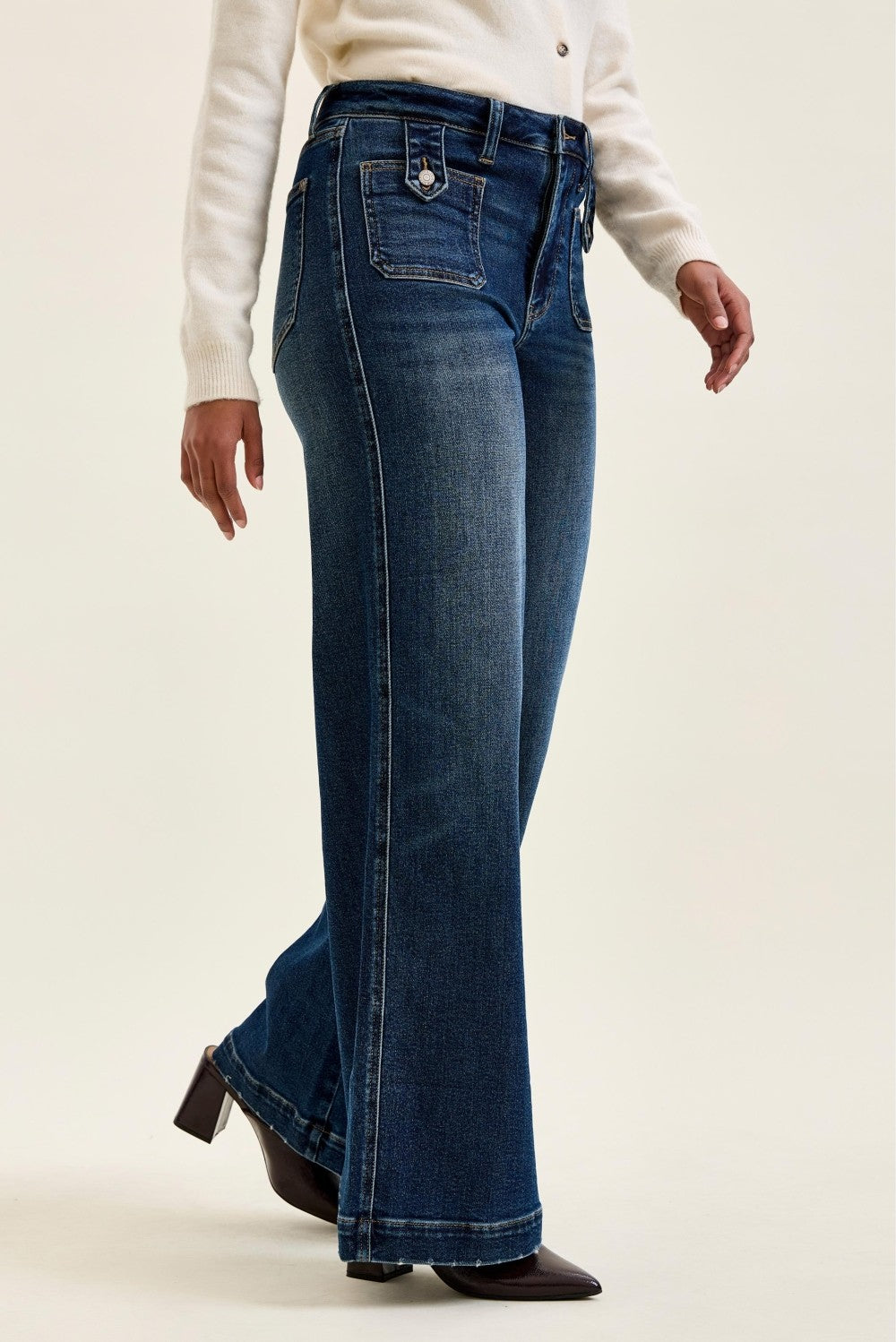 Judy Blue High Waist "lux" Retro Wide Jeans with Front Patch Tab Closure Dk Fade Indigo
