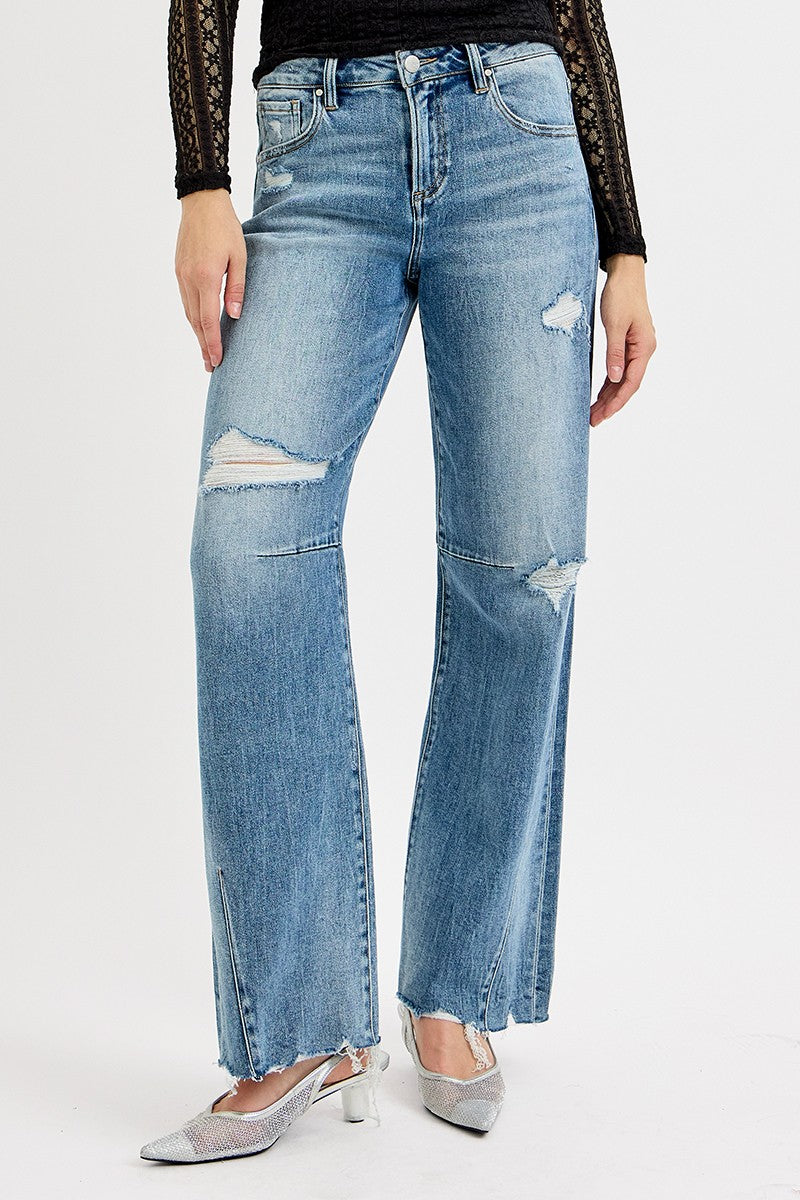 RISEN Full Size Mid Rise Fit Wide Baggy Leg Tie Washed Jeans Plus Size