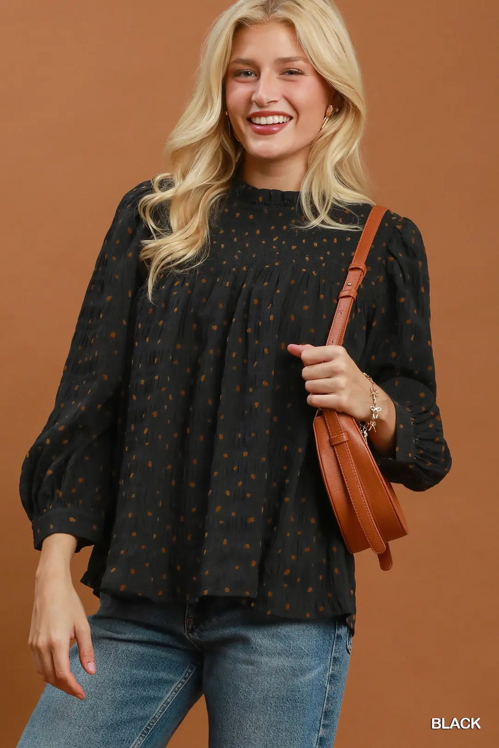Umgee Polka Dot Smocked Detail Puff Sleeve Blouse