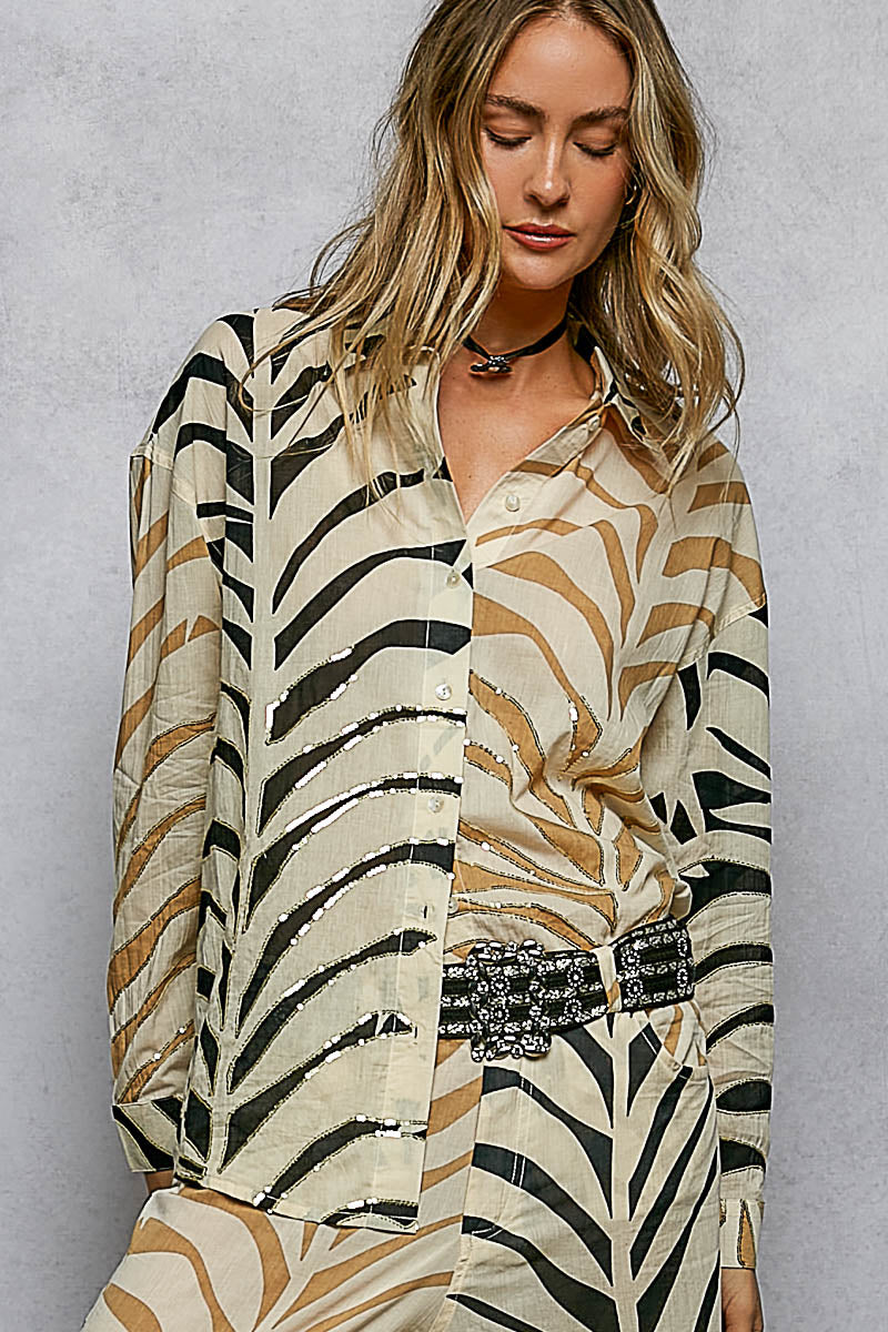 POL Two-Tone Printed Woven Spangle Long Sleeve Shirt