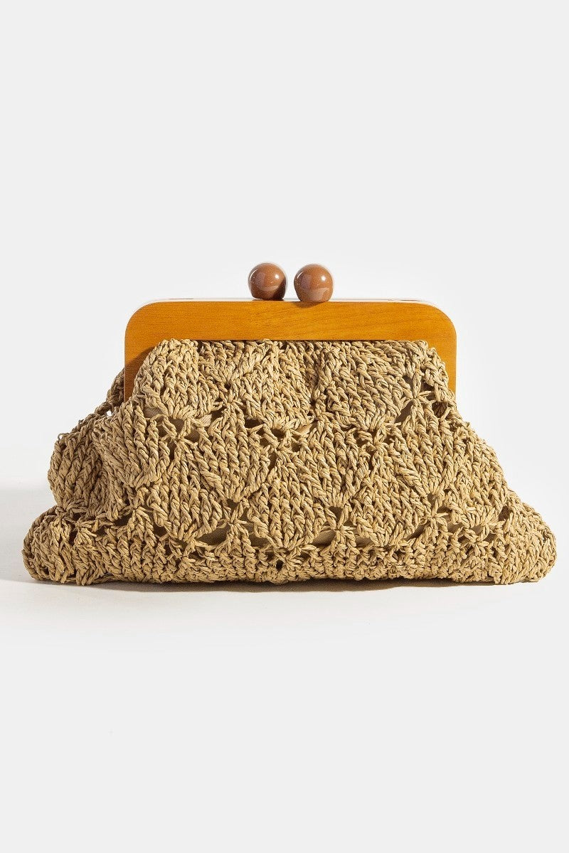 Fame Straw Braided Wooden Frame Clutch Bag