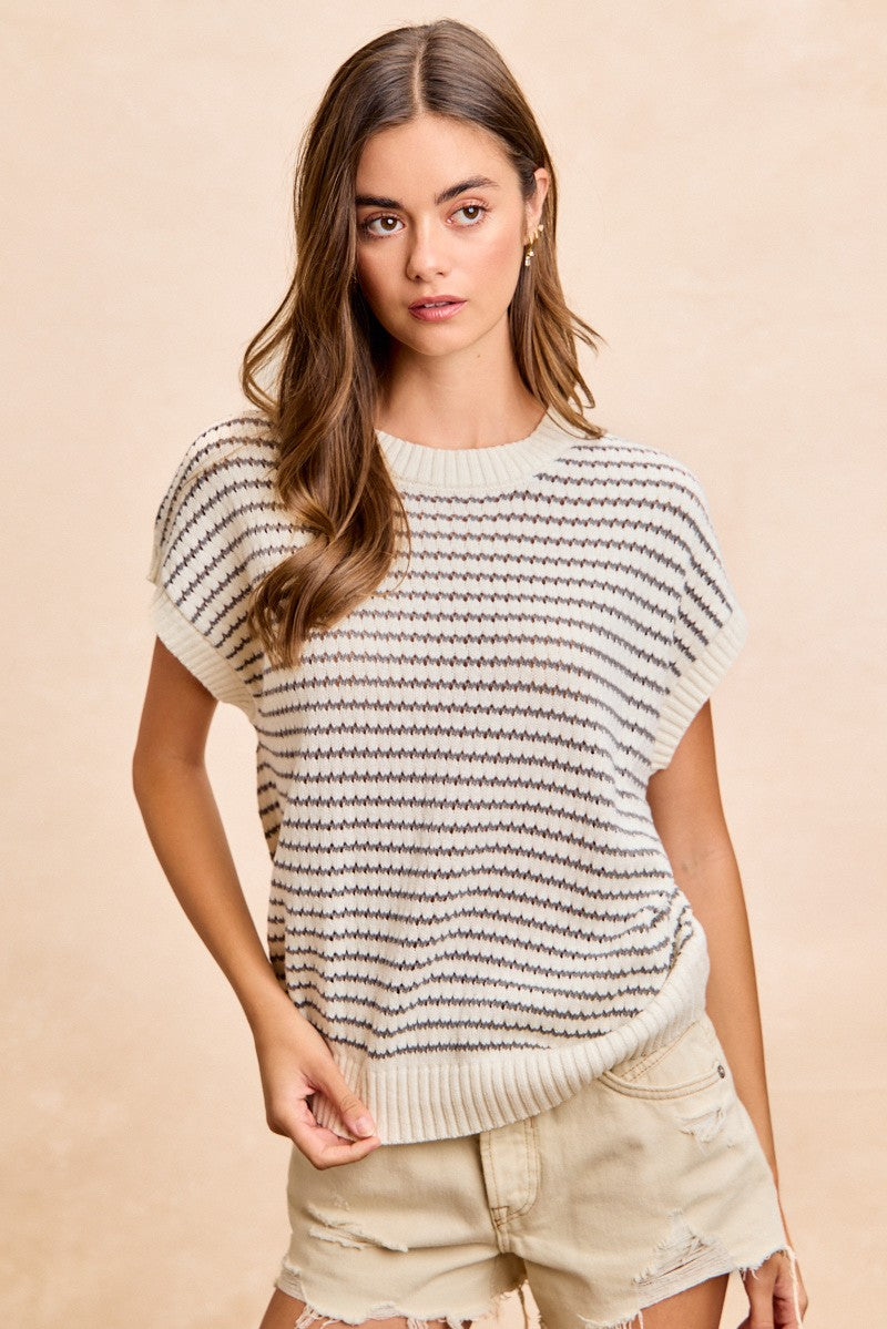 BiBi Pointelle Stripes Sleeveless Drop Shoulder Lightweight Sweater Top