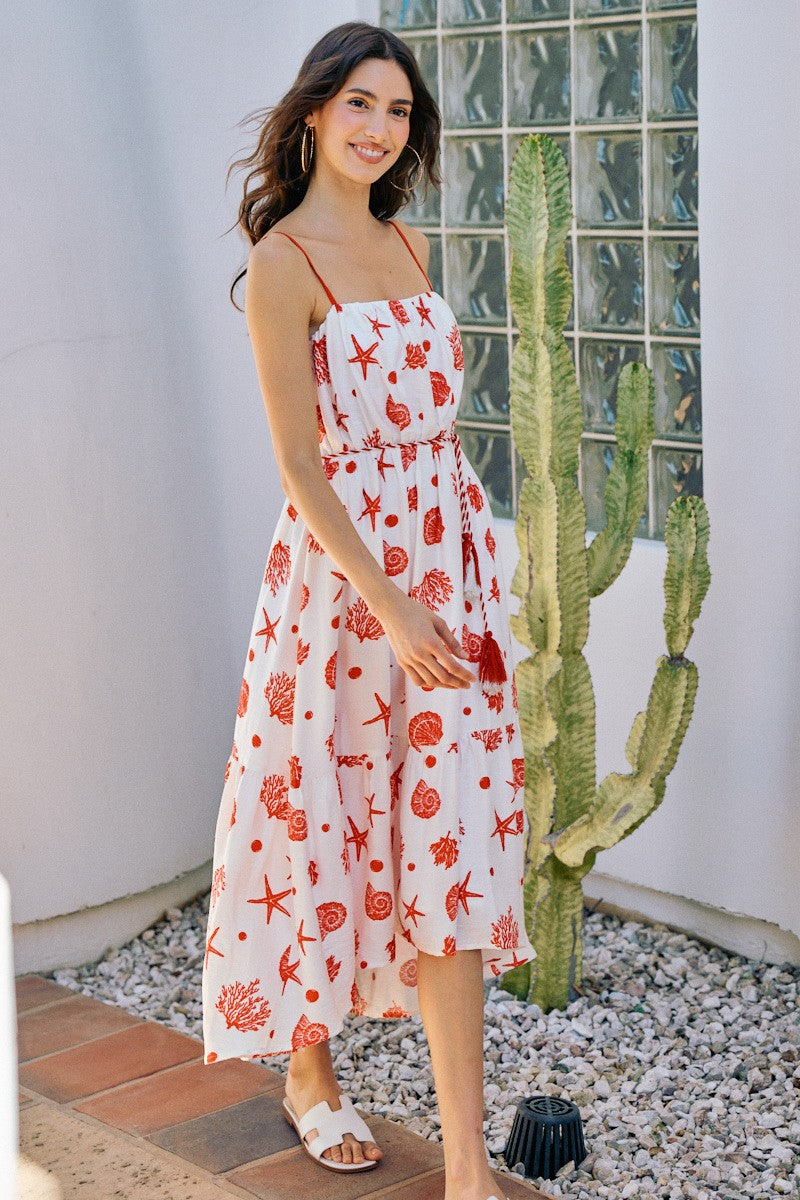 SO ME Shell Print Tiered Lined Midi Cami Dress With Belt