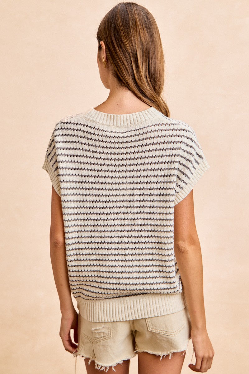 BiBi Pointelle Stripes Sleeveless Drop Shoulder Lightweight Sweater Top
