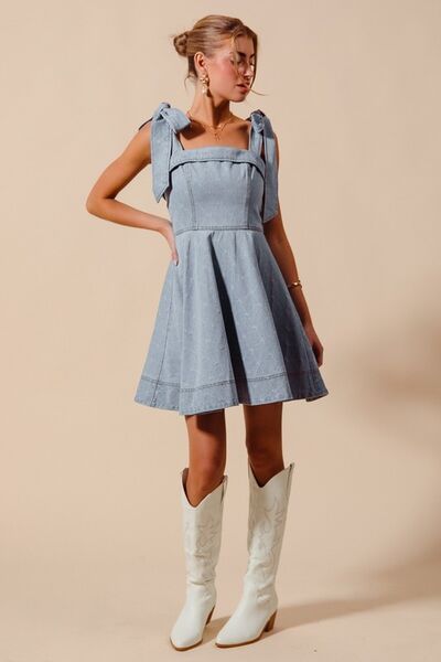 SO ME A Line Fit and Flare Diamond Bow Ribbon Denim Dres