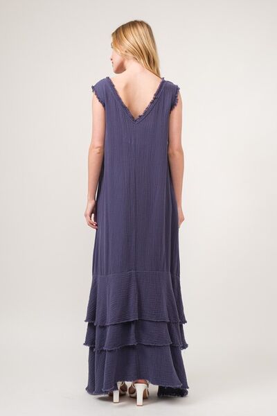 And The Why Washed Cotton Gauze Fringe Detail Tiered Dress