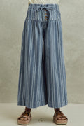 SO ME Mid Rise Stripe Denim Washed Pleat Wide Leg Pants