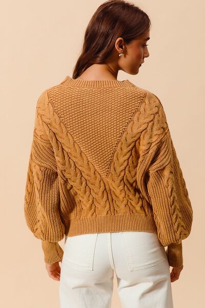 SO ME Mineral Washed Loose Fit Textured Cable Sweater