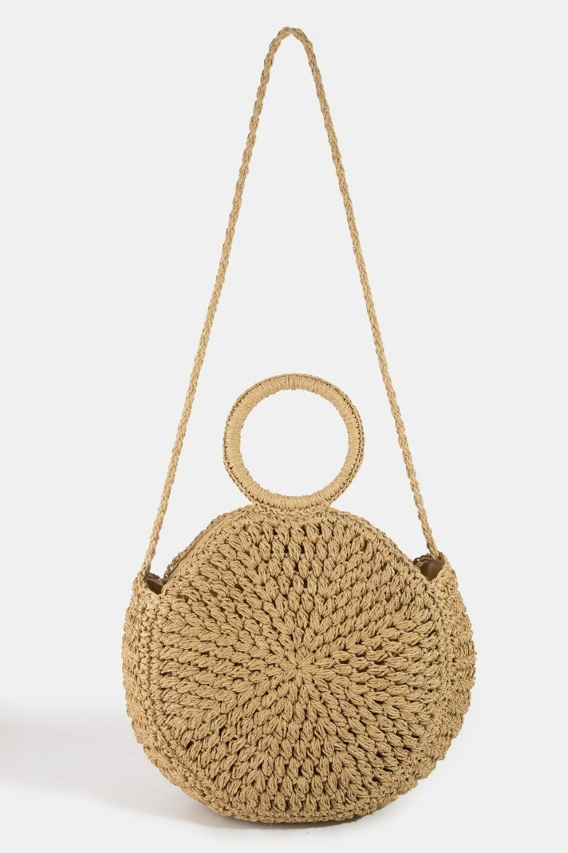 Fame Circle Handle Circle Straw Braided Hand Bag