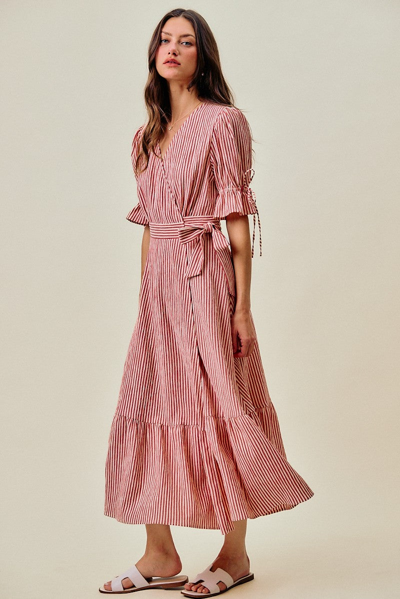 SO ME Stripe Textured Short Sleeves Lined Wrap Midi Dres