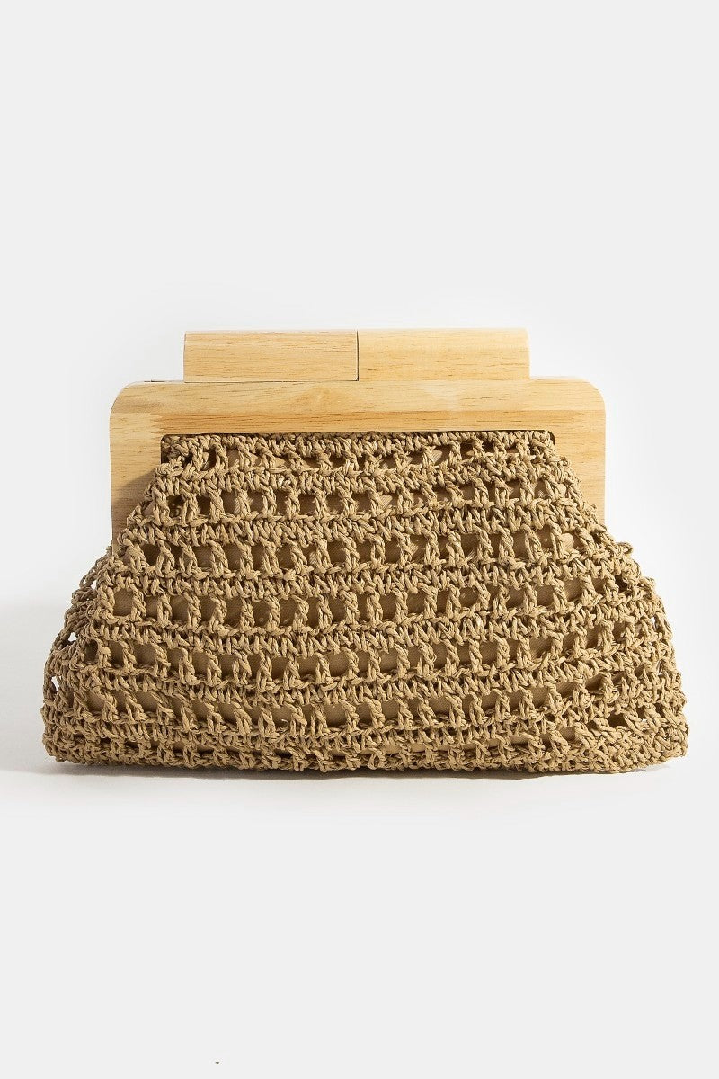 Fame Straw Braided Wooden Top Frame Clutch Bag