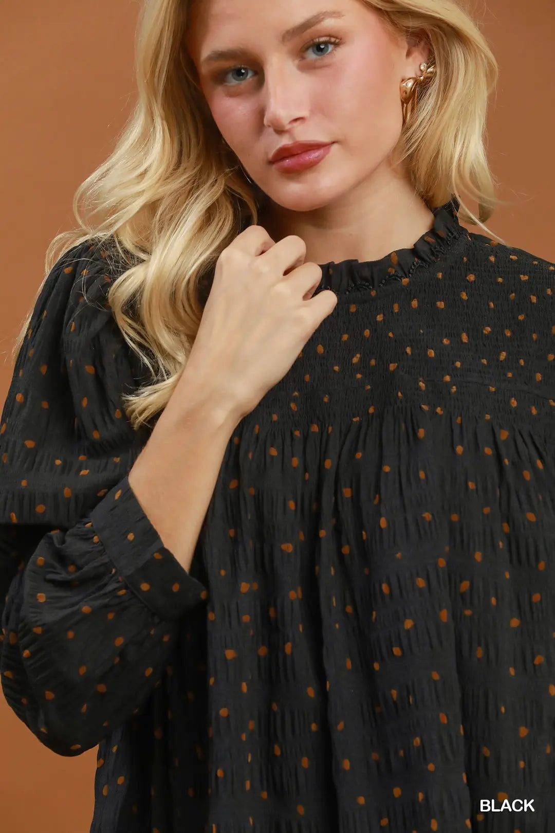 Umgee Polka Dot Smocked Detail Puff Sleeve Blouse