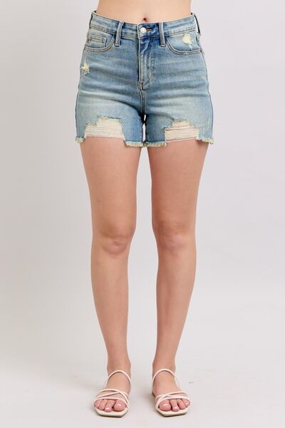 Judy Blue Full Size High Rise Washed Fly Stitch Detail and Destroy Denim Shorts Plus Size