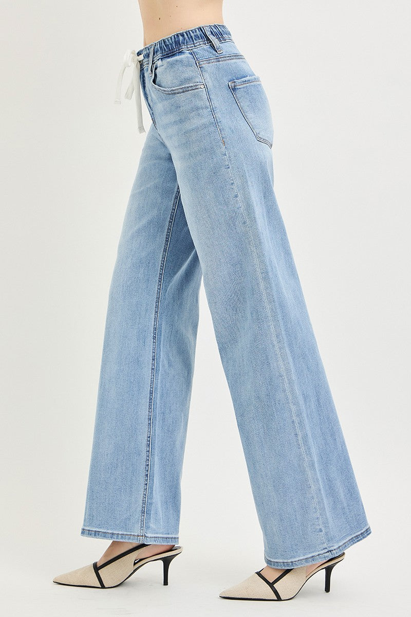 RISEN Elastic Band Slouchy Wide Jeans with Drawstring