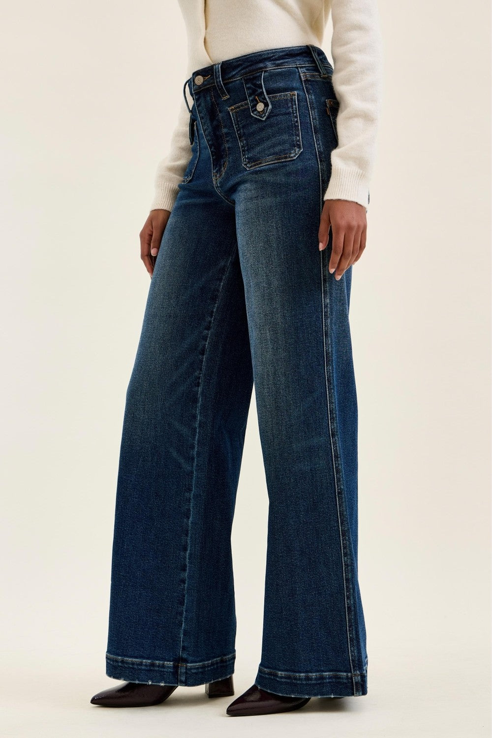 Judy Blue High Waist "lux" Retro Wide Jeans with Front Patch Tab Closure Dk Fade Indigo