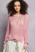 POL Openwork Round Neck High Low Knit Top