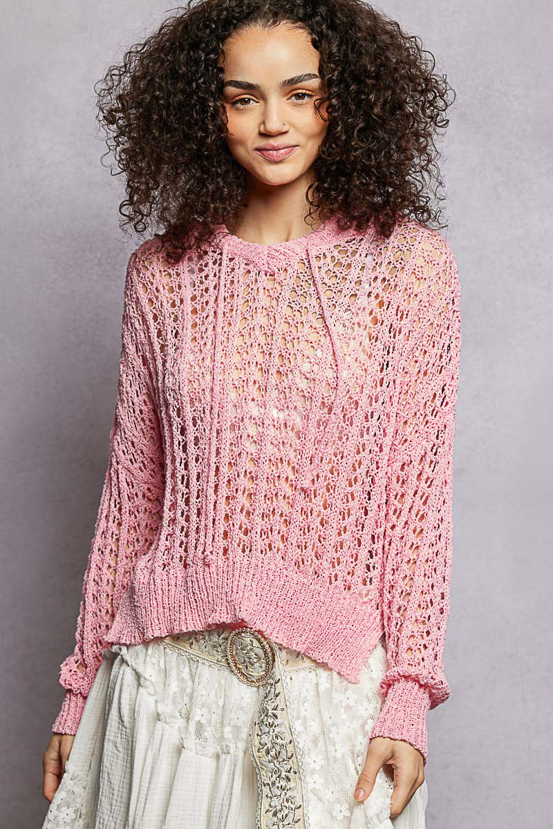 POL Openwork Round Neck High Low Knit Top
