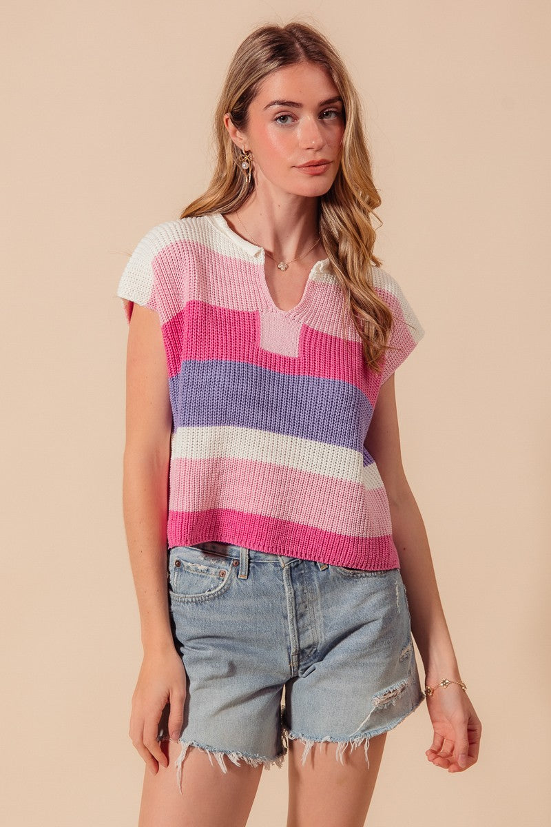 SO ME Multi Color Stripe Loose Fit Cap Sleeve Sweater Top