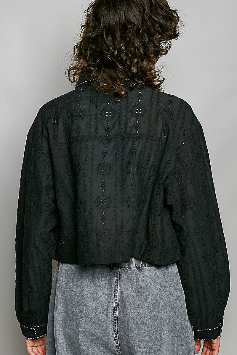 POL Cropped Button-Front Eyelet Cotton Jacket