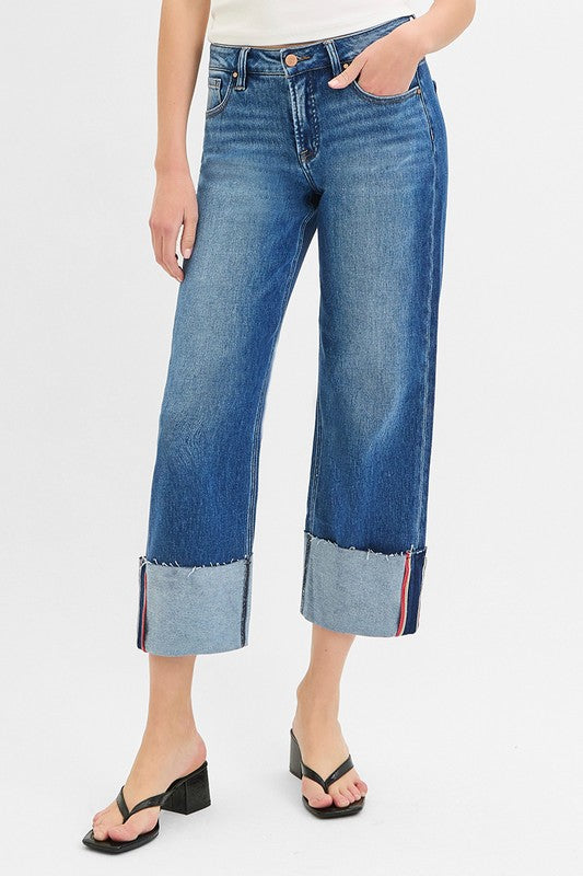 RISEN Full Size Tummy Control Mid Rise Crop Wide Cuffed Jeans Plus Size