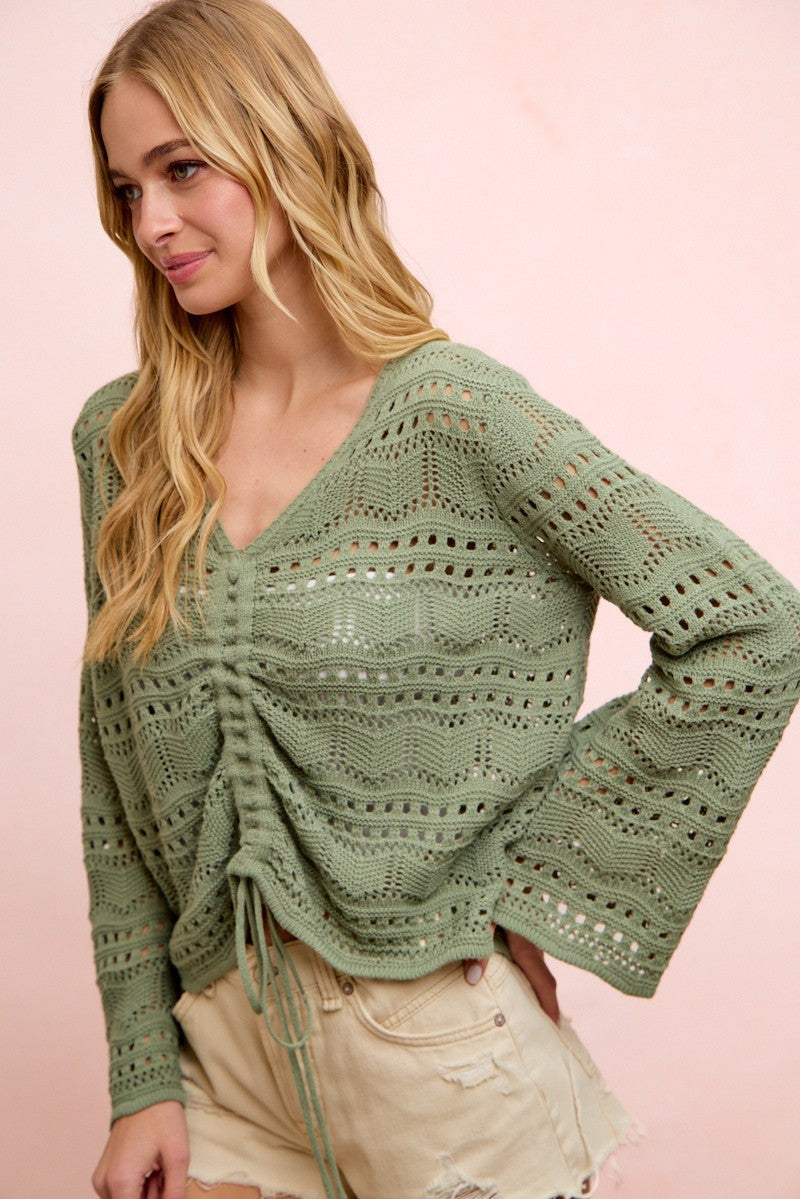 BiBi Pointelle Knit V Neck Ruched Front Lightweight Top