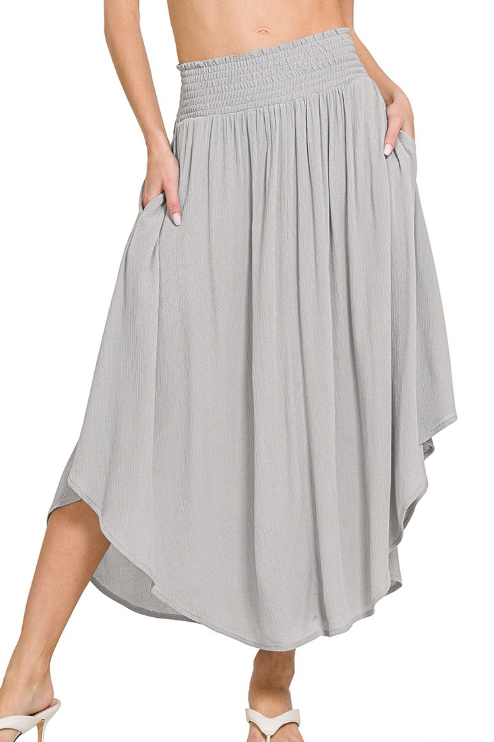 Zenana Woven Crinkle Smocked Waist Maxi Skirt W Pockets