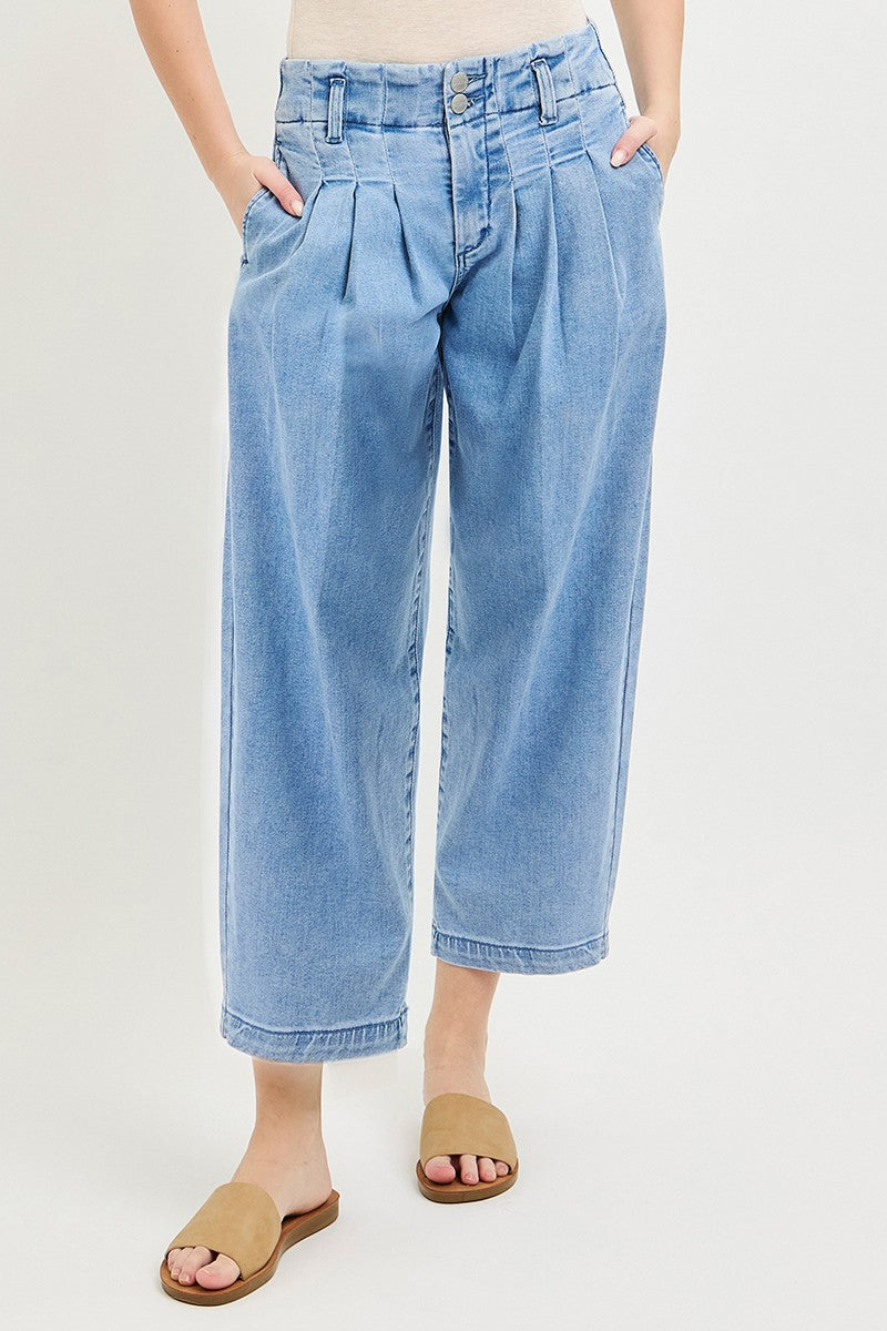 RISEN Slouchy Crop Barrel Pleated Jeans