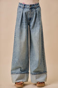 SO ME Mid Rise Plated Wid Leg Denim Jean