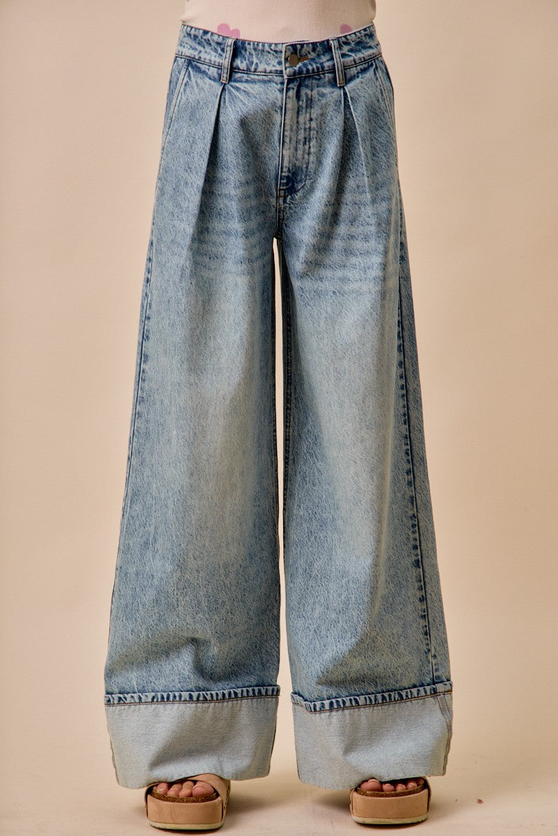 SO ME Mid Rise Plated Wid Leg Denim Jean
