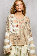 POL Color-Blocked Stripe Pattern Knit Top with Twisted Weave