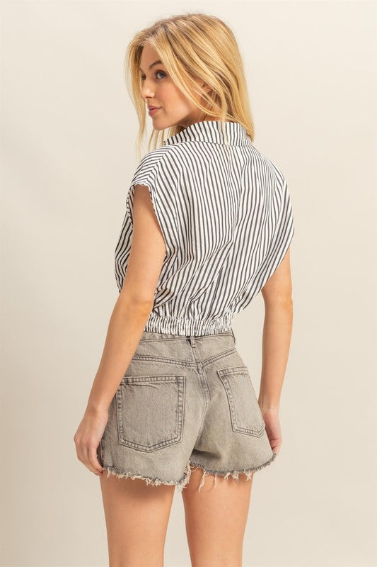 HYFVE Striped Elastic Hem Johnny Collar Cap Sleeve Blouse