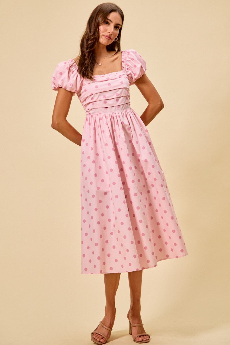 SO ME Polka Cotton Print Short Sleeves Midi Dress