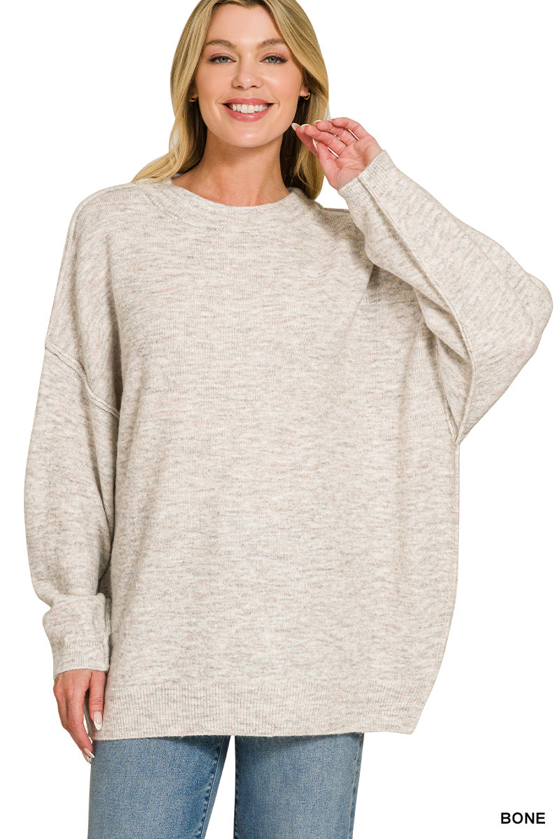 Zenana Oversized Round Neck Exposed Seam Melange Sweater