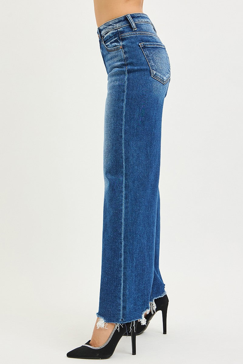 RISEN High Rise Wide Leg Jeans with Distressed Hem