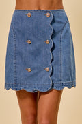 SO ME Denim Scalloped Buttoned Front Skirt