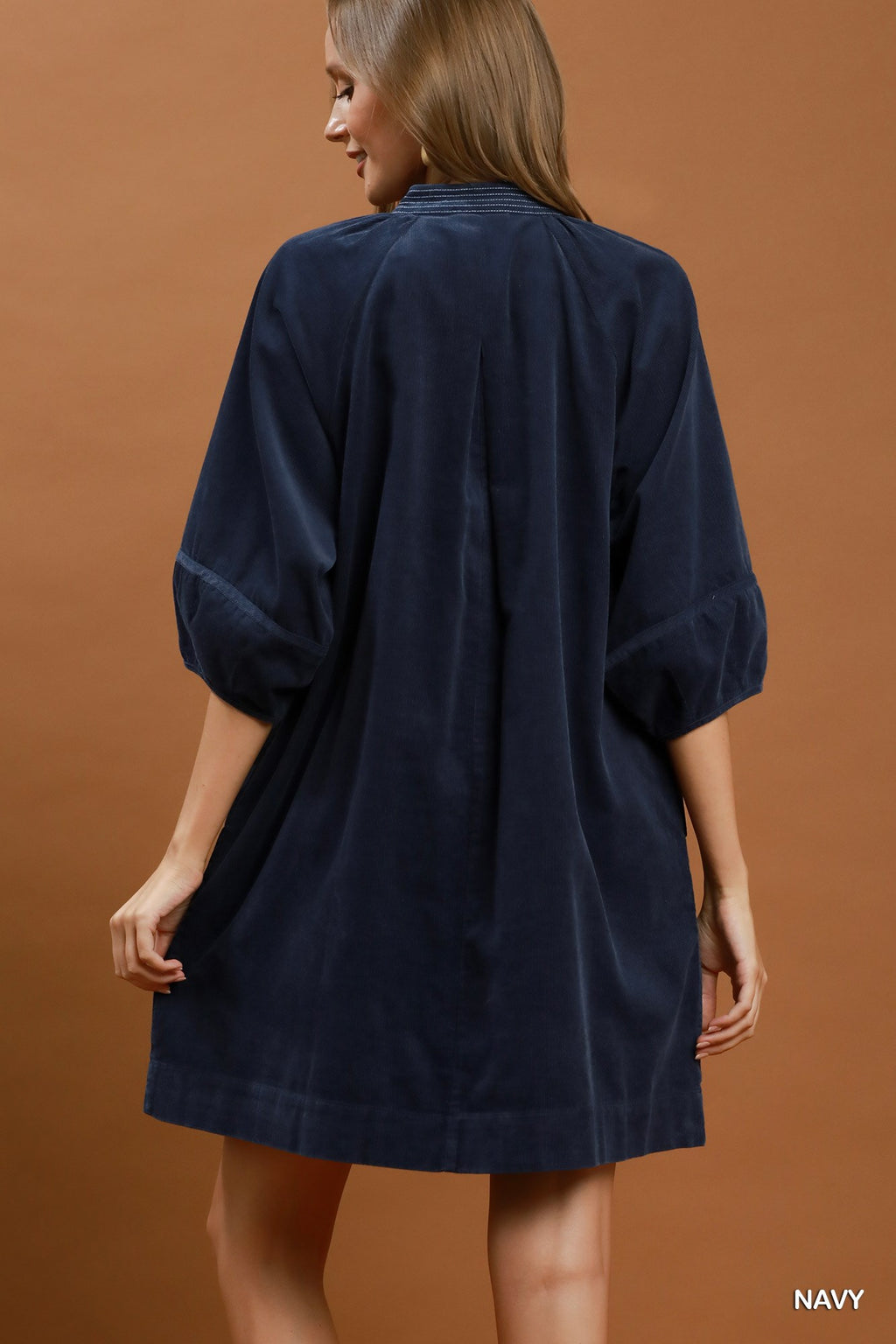 Umgee Corduroy V-Neck Puff Sleeve Shift Dress with Pockets